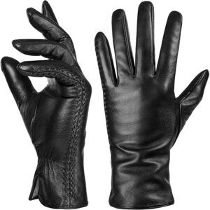 Women's Genuine Sheepskin Leather Gloves Winter Warm  Driving Dress Gloves Black